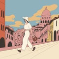 A young woman in a white suit enjoys a walk in an old European city on a sunny day