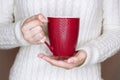 Young woman in white sweater is holding red cup of tea or coffee Royalty Free Stock Photo