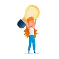 young woman who shows holding enlarged light bulb