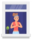 Young woman in window exercise. Active neighbor character
