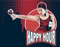 Young woman with wine glass and wine bottle. Text Happy Hour, city on the background. Vector stock image. Royalty Free Stock Photo