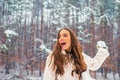 Young woman winter portrait. Models having fun in winter park. Portrait of a beautiful woman dressed a coat.