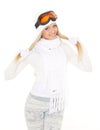 Young woman in winter warm clothes and ski glasses. Royalty Free Stock Photo