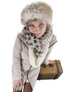 Young woman in winterclothes with suitcases, isolated on white Royalty Free Stock Photo