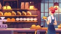 A young woman working at a bakery at night. Modern illustration of a young woman holding freshly baked bread, buns