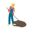 A young woman is working in the garden, raking the ground. Flat vector illustration