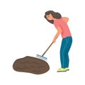 A young woman is working in the garden, raking the ground. Flat vector illustration