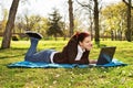 Young woman working on her laptop in a park Royalty Free Stock Photo