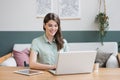 Young woman working from home. Student girl using laptop computer. Online shopping, connection, work, studying, freelance Royalty Free Stock Photo