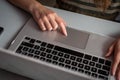 Young woman working at home, Student girl using laptop computer  , work or studying from home, freelance, online learning, Royalty Free Stock Photo