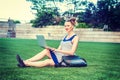 Young woman working on laptop computer outdoors in New York City Royalty Free Stock Photo