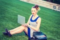 Young woman working on laptop computer outdoors in New York City Royalty Free Stock Photo