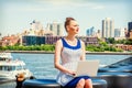 Young woman working on laptop computer outdoors in New York City Royalty Free Stock Photo