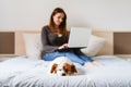 Young woman working on laptop at home, cute small dog sleeping besides. Work from home concept Royalty Free Stock Photo