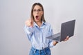 Young woman working using computer laptop pointing with finger surprised ahead, open mouth amazed expression, something on the Royalty Free Stock Photo