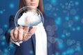 Young woman working with virtual screen against background, focus on hand. Cloud technology