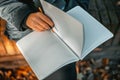 Young woman writing in a diary in an autumn park. Closeup image of a woman writing on a blank notebook. Woman working Royalty Free Stock Photo