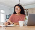 Ive been making great progress today. a young woman writing notes while working on a laptop at home. Royalty Free Stock Photo