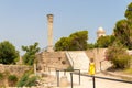 Young woman in yellow dress in front of the Carthage ancient ruins, Tunis, Tunisia