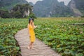 Young woman in a yellow dress on the path among the lotus lake. Mua Cave, Ninh Binh, Vietnam. Vietnam reopens after Royalty Free Stock Photo