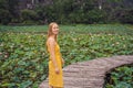 Young woman in a yellow dress on the path among the lotus lake. Mua Cave, Ninh Binh, Vietnam. Vietnam reopens after Royalty Free Stock Photo