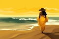 young woman in yellow dress walk on the beach AI generated