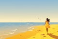 young woman in yellow dress walk on the beach AI generated