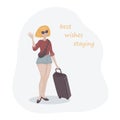 Young woman with yellow hair in a pair of sunglasses with a luggage bag. Vacation girl. Royalty Free Stock Photo