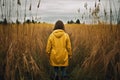 Young woman in yellow raincoat standing in tall grass and looking away Royalty Free Stock Photo