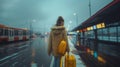 Young Woman with Yellow Suitcase at Rainy Bus Terminal