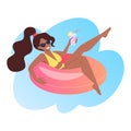 Young woman in a yellow swimsuit holding a cold drink in hand and relaxing in a pink swimming life ring. Vector illustration Royalty Free Stock Photo