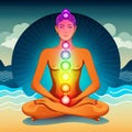 Human energy body, aura, chakra in meditation. Meditating human in lotus pose. Yoga illustration, human practicing yoga.. Royalty Free Stock Photo