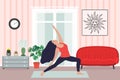 Young Woman in yoga pose. Girl doing exercise, meditation in Viparita Virabhadrasana, Reverse Warrior pose. Living room of sofa, Royalty Free Stock Photo