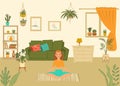 Young woman in yoga pose at home meditating cartoon vector illustration, girl performing aerobics exercise and morning