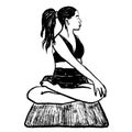 Young woman in yoga pose, pilates stretching training, female ponytail sports, exercise yoga mat. Black white monocrome