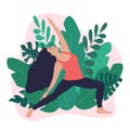 Young Woman in yoga pose surrounded by green tropical leaves. Girl doing exercise, meditation in Viparita Virabhadrasana, Reverse