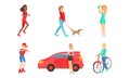 Young Women Daily Activities Set, Girls Shopping, Doing Sports, Walking with Dog, Drying Hair, Girl Rollerblading