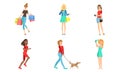 Young Women Daily Activities Set, Girls Shopping, Doing Sports, Walking with Dog, Drying Hair Vector Illustration Royalty Free Stock Photo
