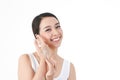 Young women apply nourishing cream to the skin on the back of the hand to be moist, not dry.