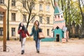 Young women best friends enjoying winter time together outdoor