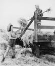 Young women bucking hay