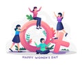 Young women celebrate women`s day by playing near a big female symbol of gender. International Women`s Day concept Flat style