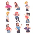 Young Women Different Emotions Set, Happy, Thoughtful, Angry, Upset Girls, Human Emotions Concept Cartoon Vector