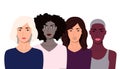 Young women diverse faces ethnic poster. Women of different nationalities and cultures stand side by side.