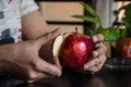 Young women eating fresh apple. female hand cut out core from an apple Royalty Free Stock Photo