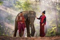 Young woman and Elephant mahout portrait. Asian woman walking with elephant and mahout in the forest. Surin, Thailand