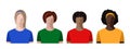 Young women, girls of different races, skin colors and hair in colorful T-shirts. Avatars portraits