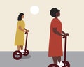 Young women on a gyro scooter, flat vector stock illustration with modern gyro transport technology or electronic gadget