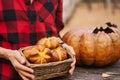 Young woman and her baby son in autumn park, boy playing with helloween pumpkin and eating pumpkin bun. Royalty Free Stock Photo