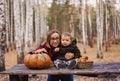 Young woman and her baby son in autumn park, boy playing with helloween pumpkin and eating pumpkin bun. Royalty Free Stock Photo